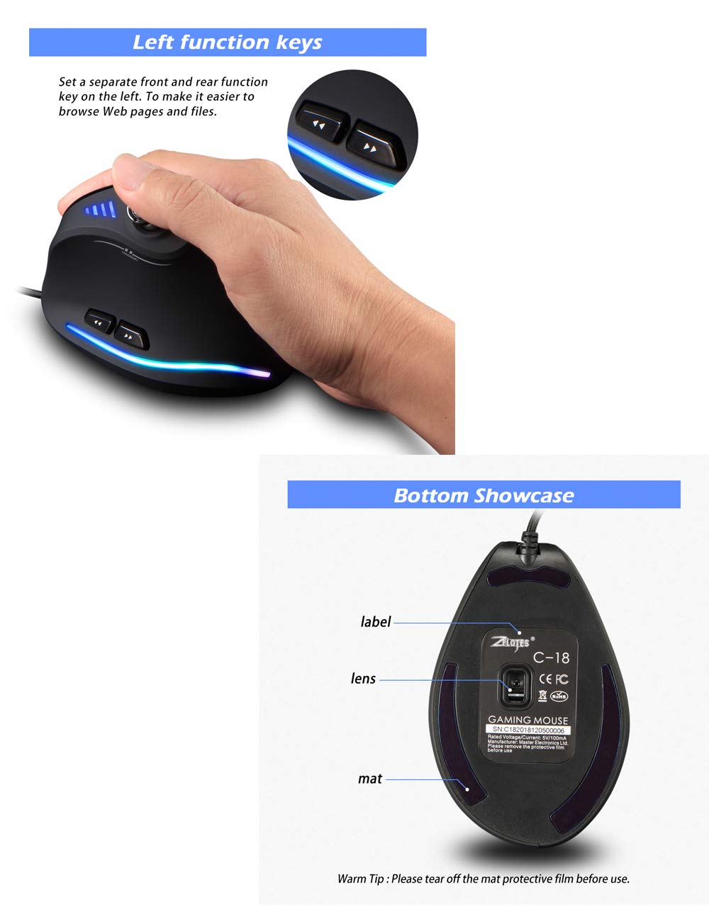 Amazon.com: Zelotes c18 Gaming Mouse, Wired Vertical with Control